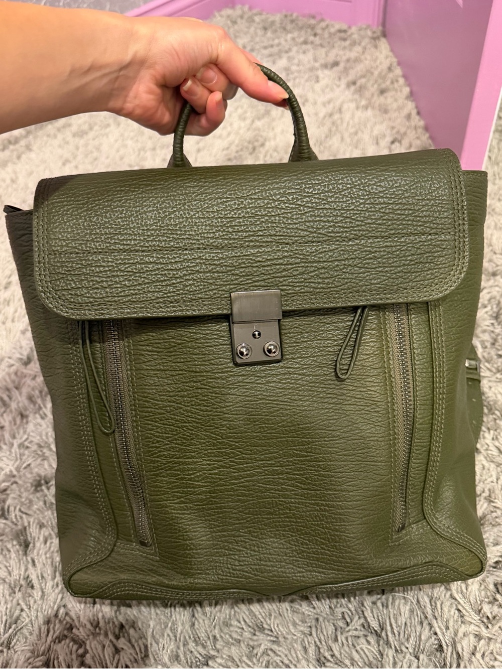 3.1 Philip Lin Olive Green Leather Backpack - Top Handle